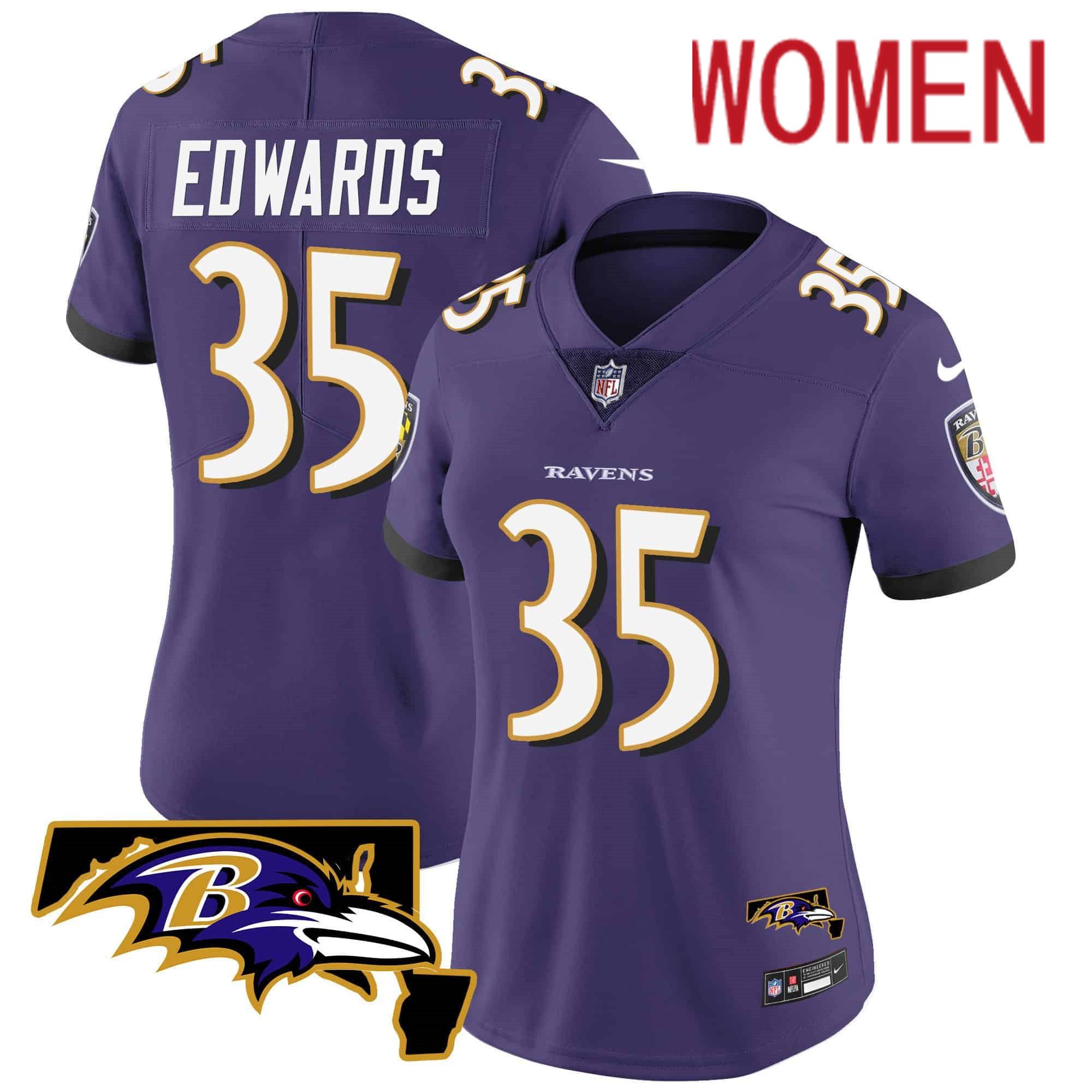 Women Baltimore Ravens #35 Edwards Purple 2024 Nike Maryland Patch Vapor Limited NFL Jersey style 1->women nfl jersey->Women Jersey